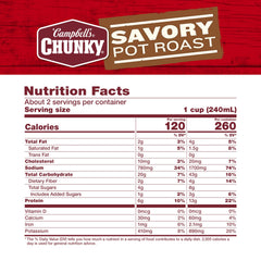Ingredients of Campbell's Chunky Savory Pot Roast Soup: potatoes, carrots and beef add hearty flavor.