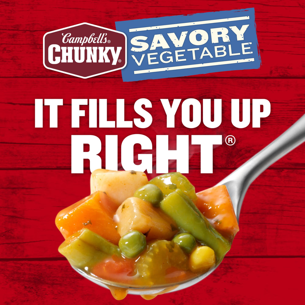 Label close-up on Campbell's Chunky Savory Vegetable Soup highlighting vegan claim.