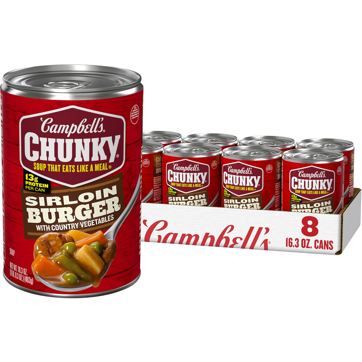Campbell's Chunky Sirloin Burger with Country Vegetables soup can ready to heat in a bowl.