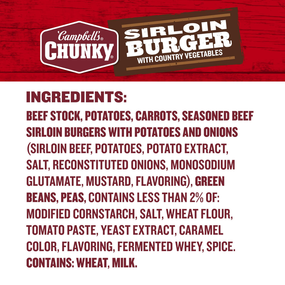 Close-up of seasoned beef and country vegetables in Campbell's Chunky beef broth.