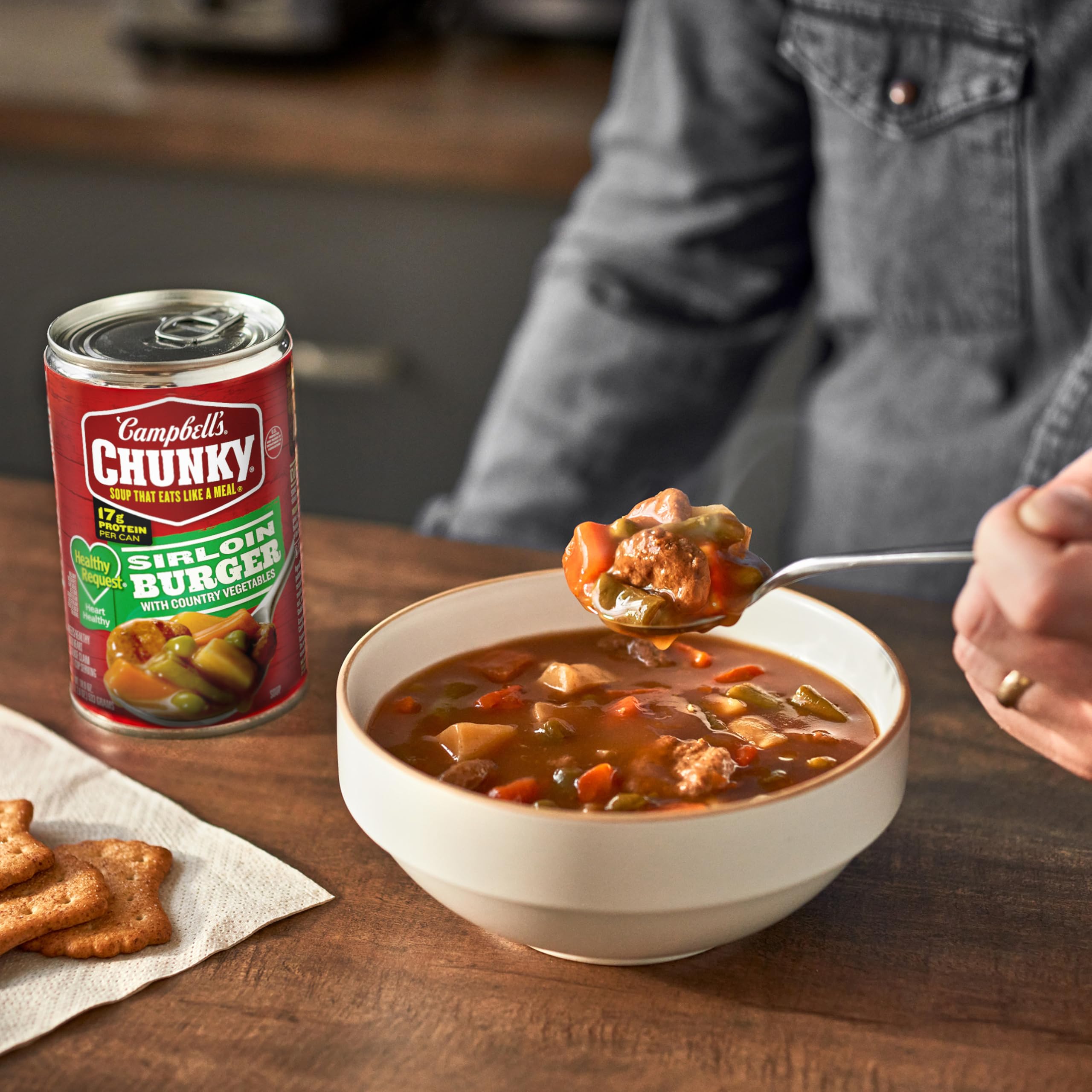 Can of Campbell's Chunky Soup with game-day vibe, convenient heat-and-serve.