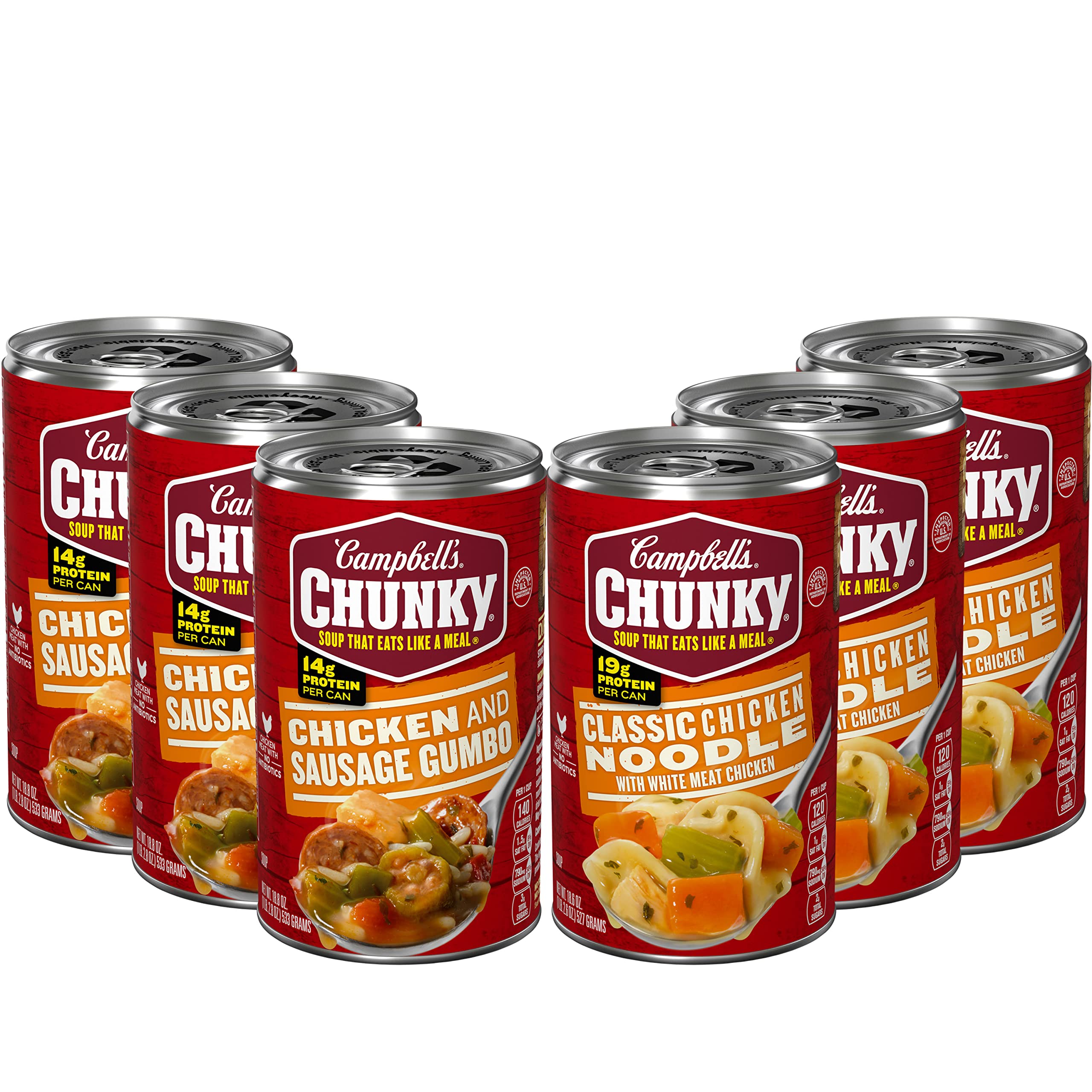 Campbell's Chunky Classic Chicken Noodle cans ready to heat.