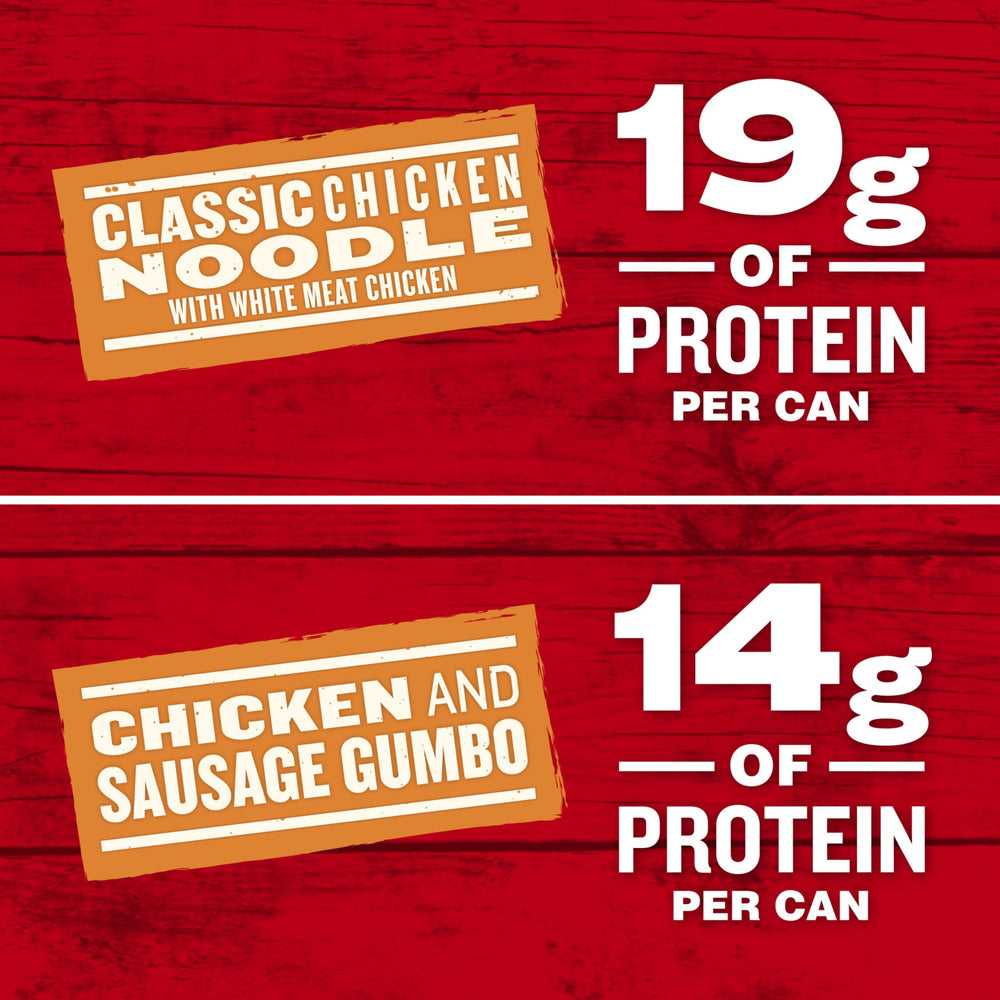Campbell's Chunky Chicken Noodle label highlights 19 g protein per can.