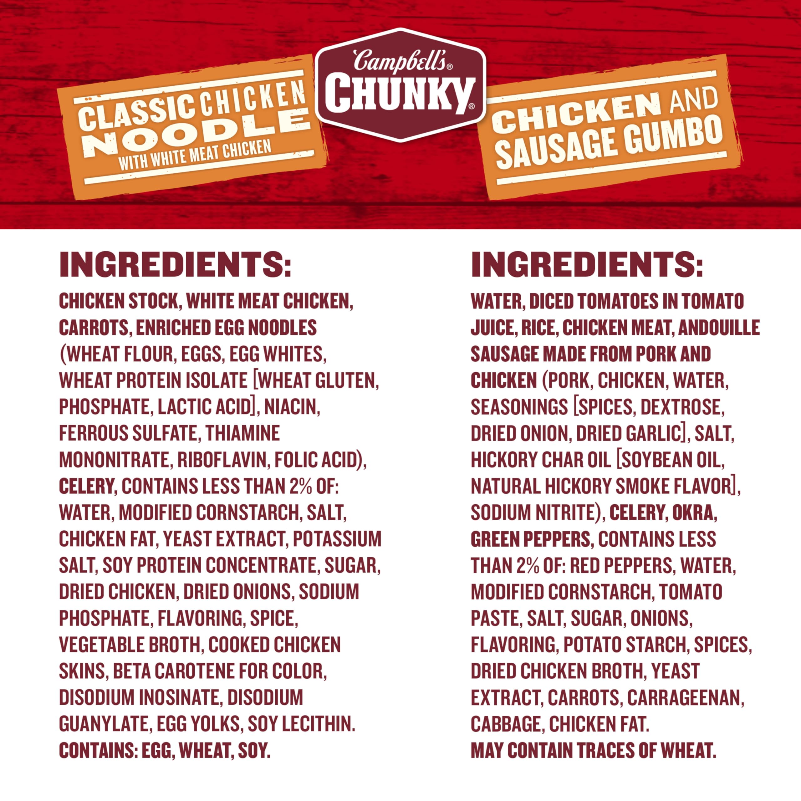 Campbell's Chunky Variety Pack displayed on a store shelf with six cans.