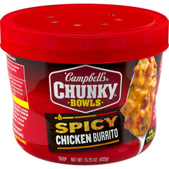Campbell’s Chunky Spicy Chicken Burrito Soup bowl – ready-to-heat meal for game day.