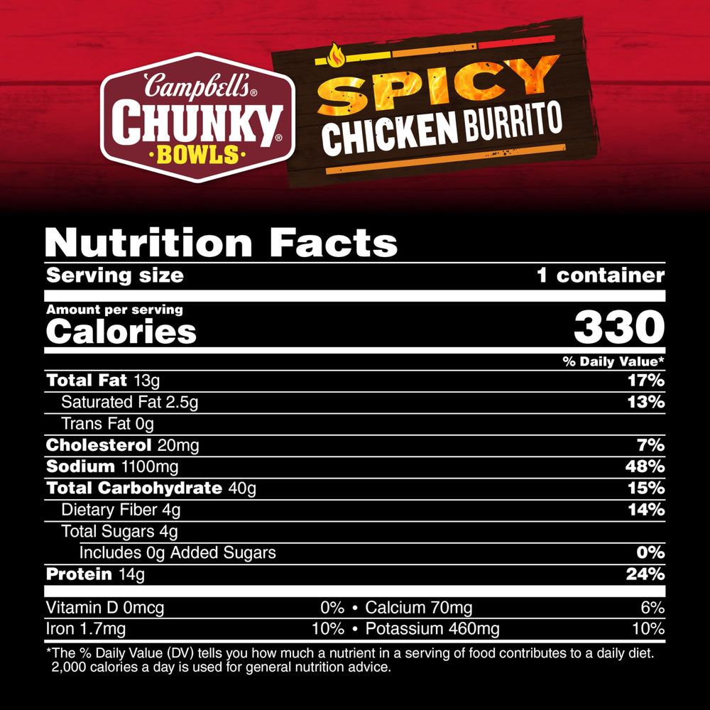 Campbell’s Chunky Spicy Chicken Burrito Soup chicken pieces close-up – protein-rich comfort.
