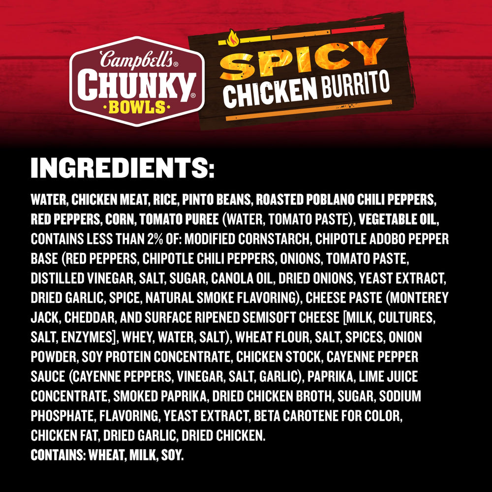 Campbell’s Chunky Spicy Chicken Burrito Soup roasted poblano peppers – smoky heat.