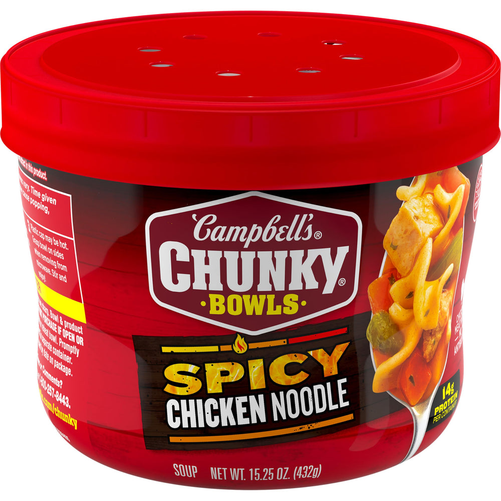 Campbell’s Chunky Spicy Chicken Noodle Bowl ready to heat.