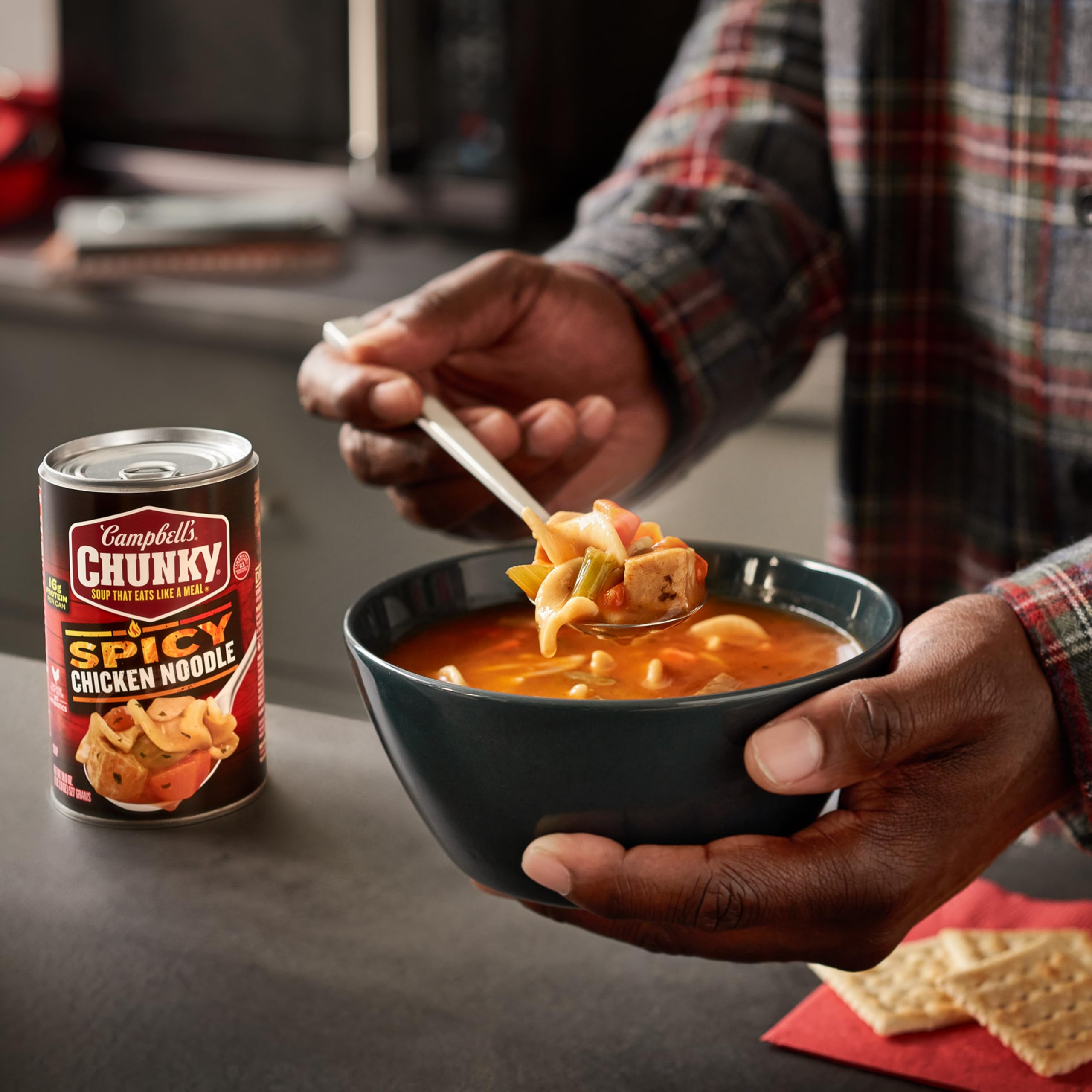 Campbell's Chunky Spicy Chicken Noodle broth detail with spices