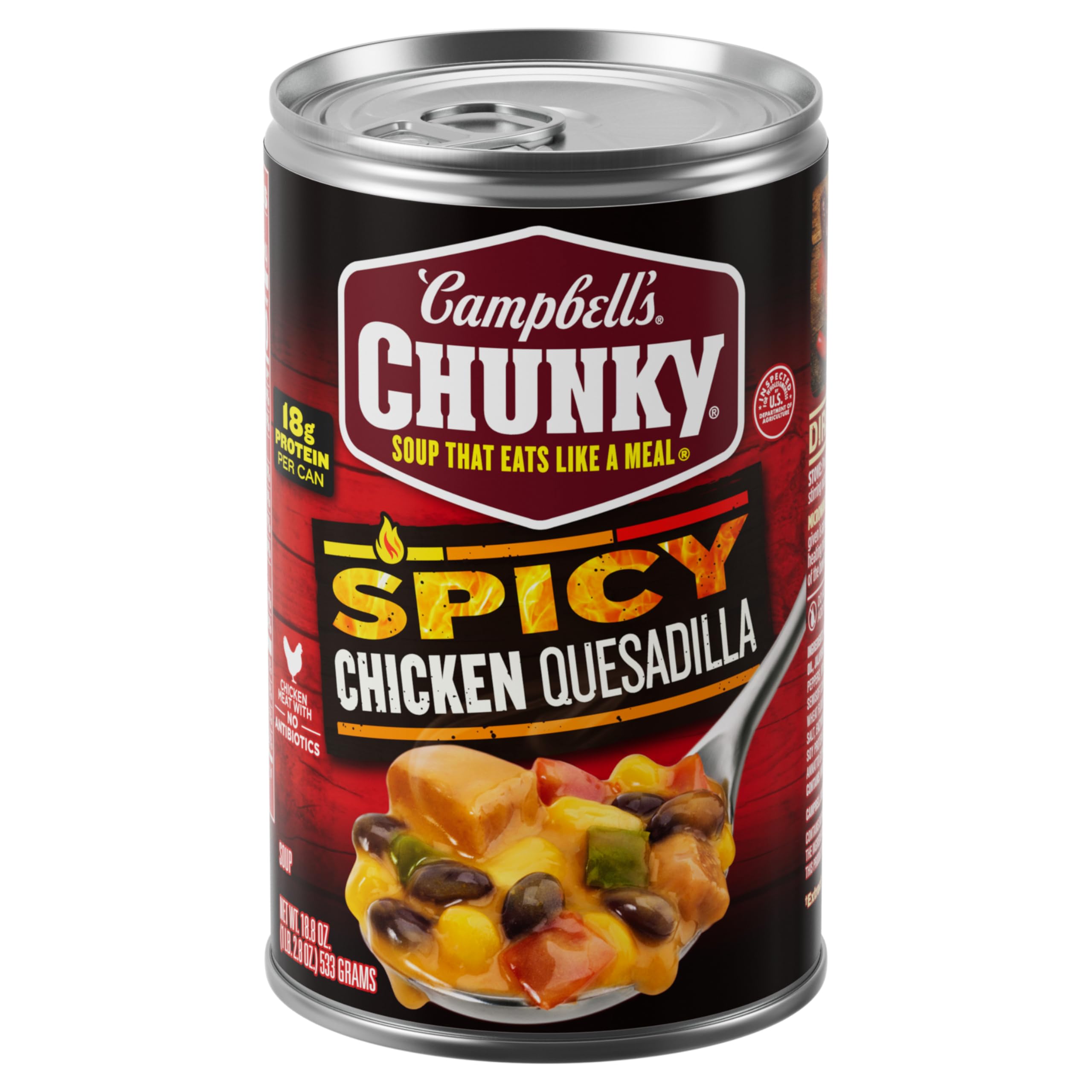 Campbell's Chunky Spicy Chicken Quesadilla Soup can ready-to-heat for a satisfying meal.