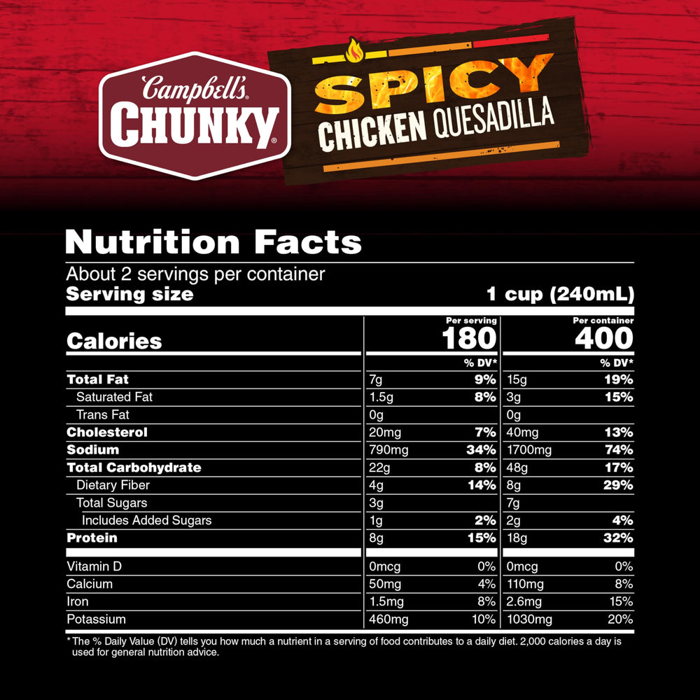 Label close-up of Campbell's Chunky Spicy Chicken Quesadilla Soup highlights chunky chicken and cheese.