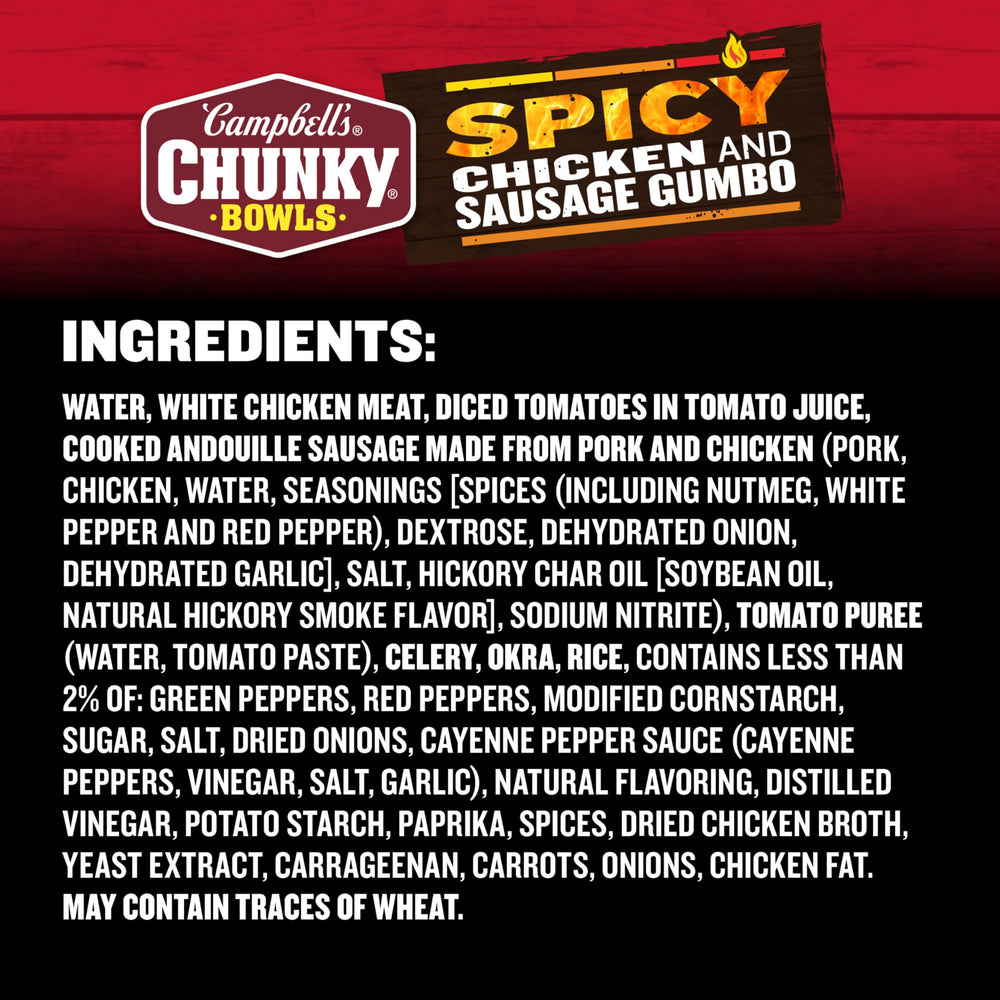 Campbell’s Chunky gumbo close-up shows hearty chicken pieces in broth.