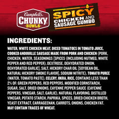 Campbell’s Chunky gumbo close-up shows hearty chicken pieces in broth.