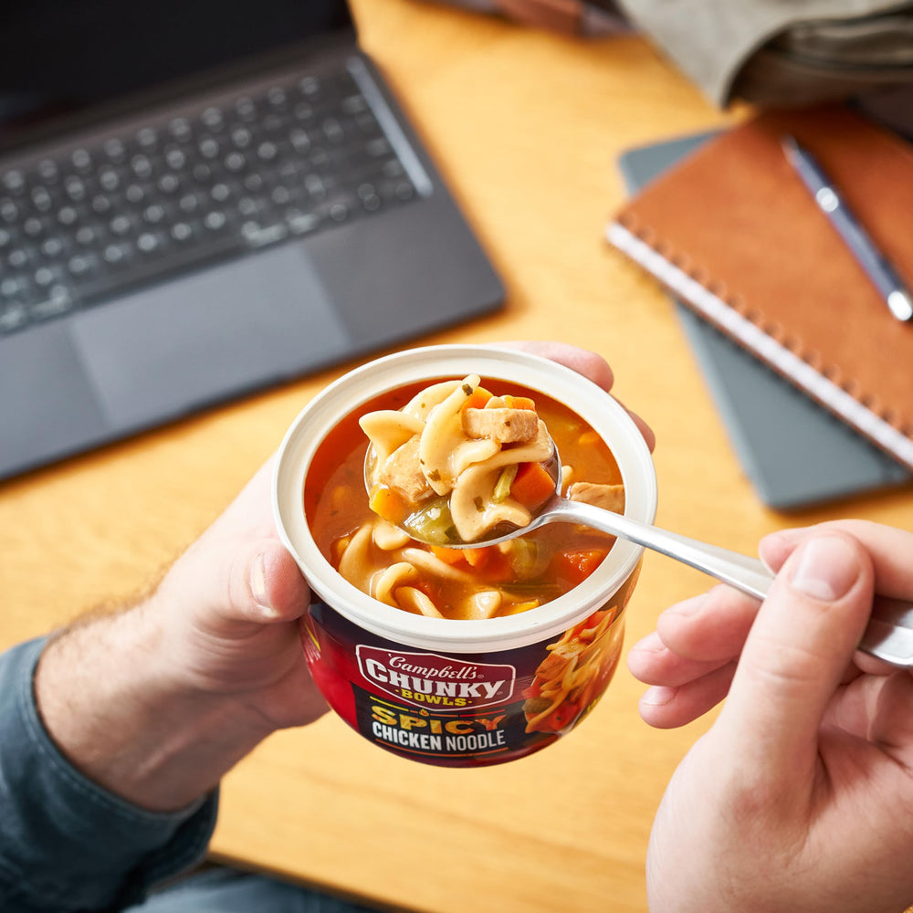 Campbell’s Chunky Spicy Enriched Egg Noodles soak up bold broth.