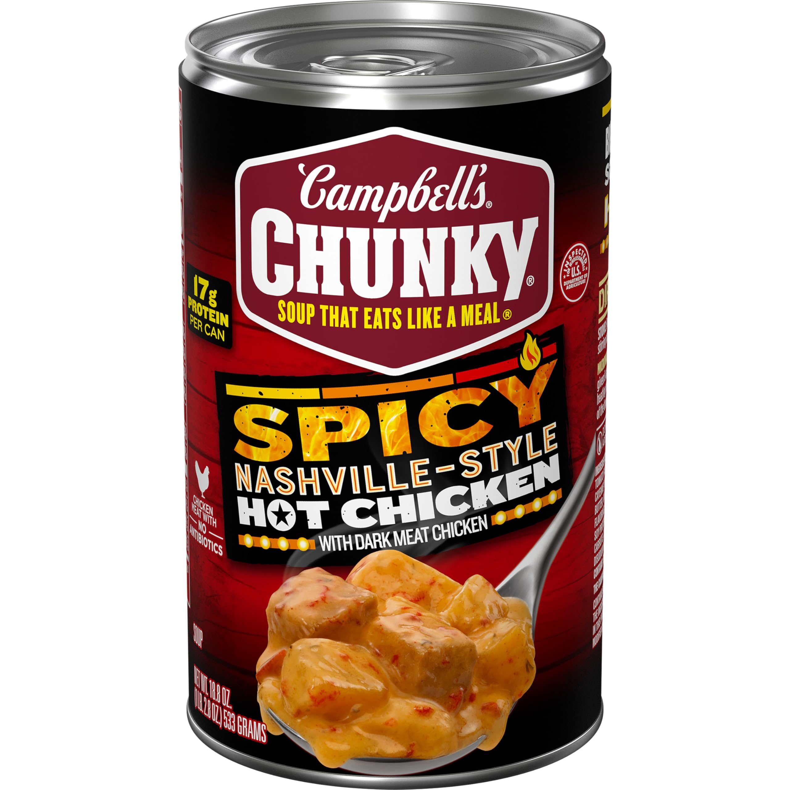 Campbell’s Chunky Spicy Nashville-Style Hot Chicken Soup can front with bold label, ready to enjoy.
