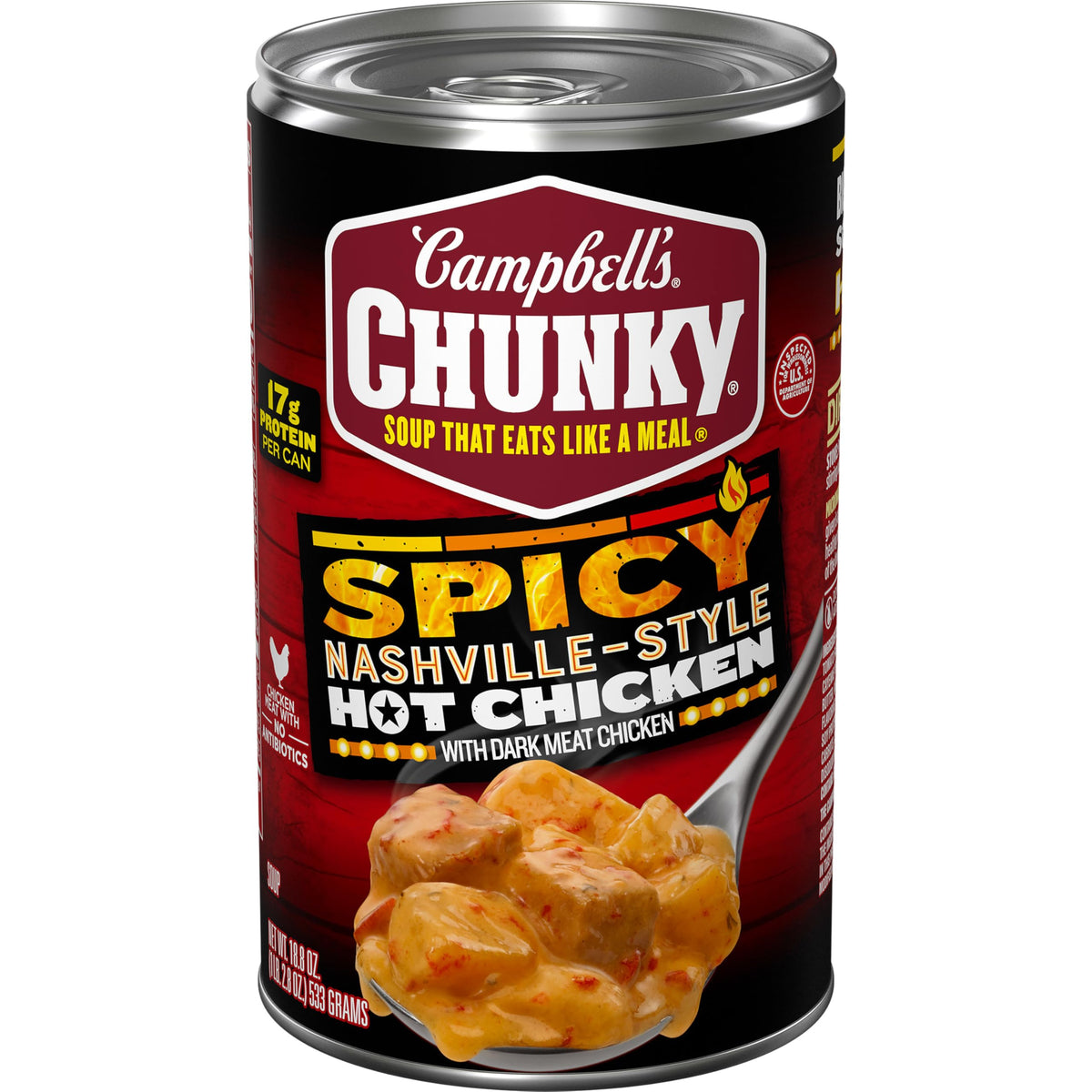 Campbell’s Chunky Spicy Nashville-Style Hot Chicken Soup can front with bold label, ready to enjoy.