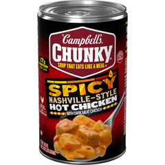 Campbell’s Chunky Spicy Nashville-Style Hot Chicken Soup can front with bold label, ready to enjoy.