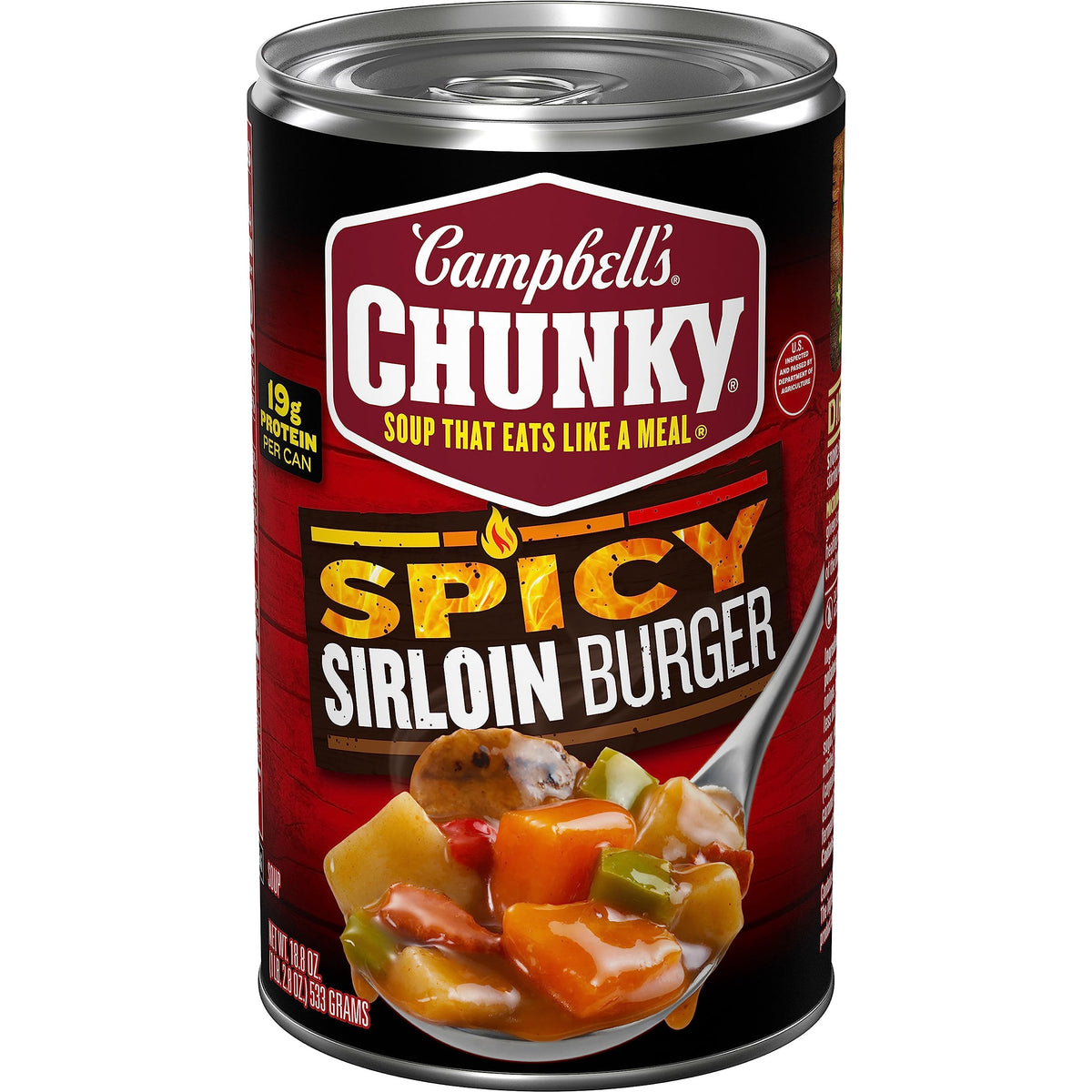 Campbell's Chunky Spicy Sirloin Burger Soup can — ready-to-serve protein-packed meal.