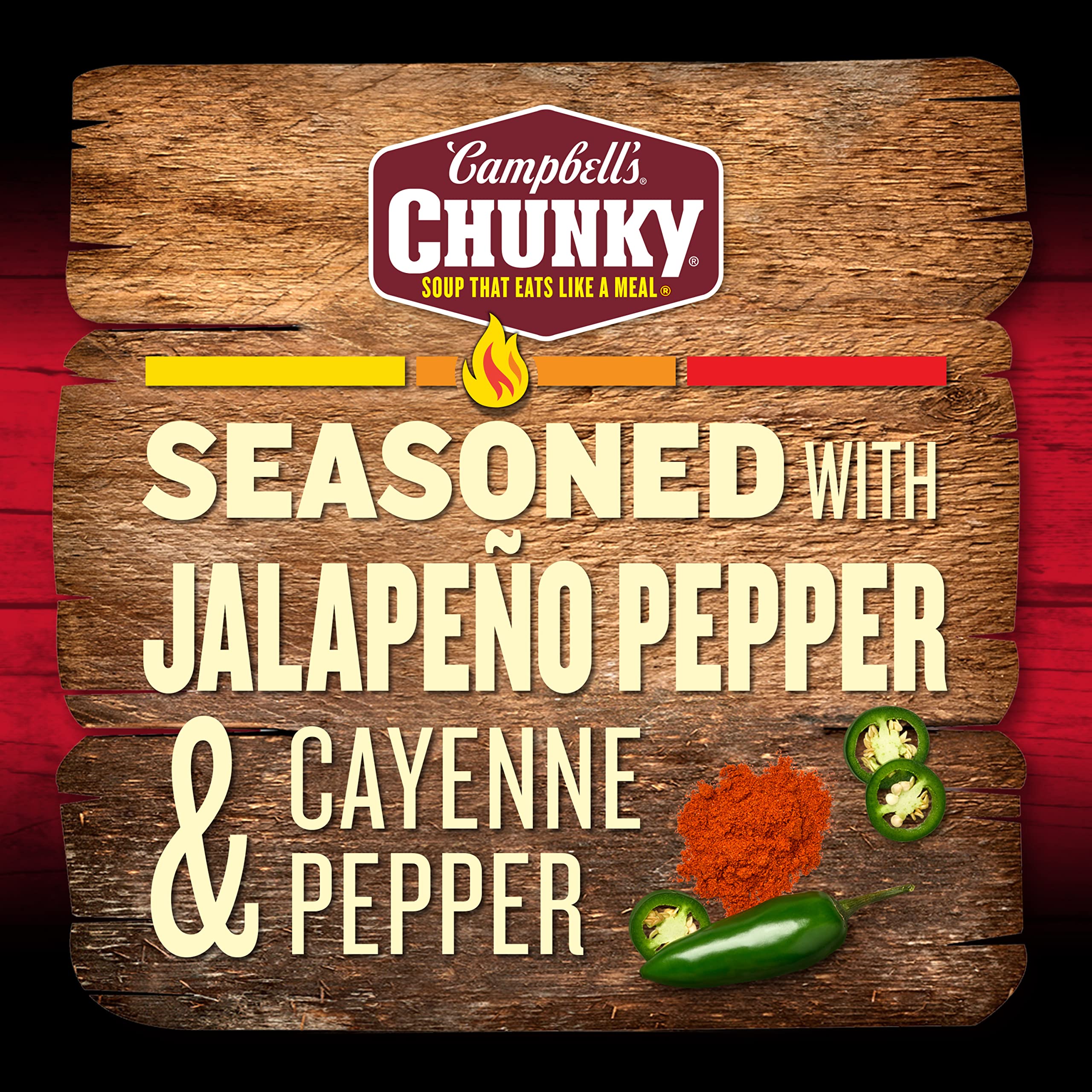Campbell's Chunky Spicy Sirloin Burger Soup can highlights protein-packed nourishment.