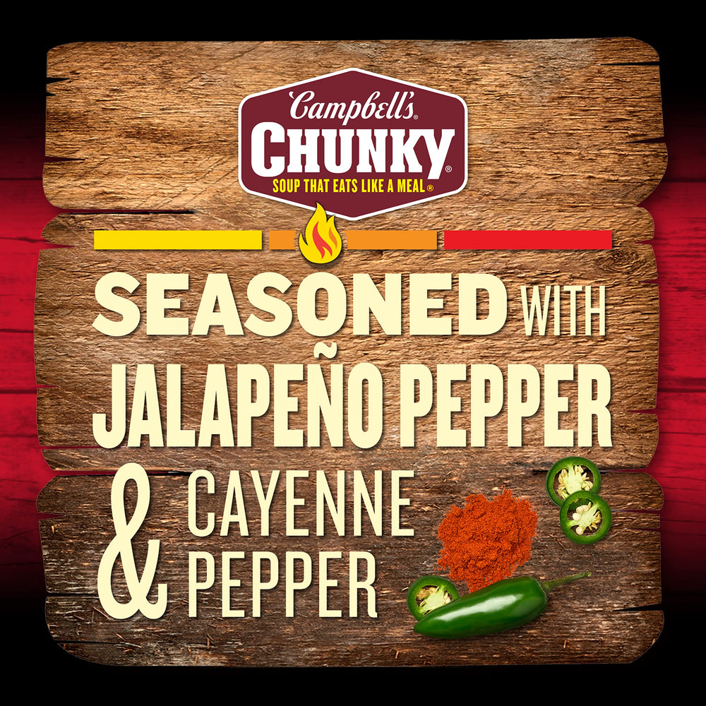 Campbell's Chunky Spicy Sirloin Burger Soup can highlights protein-packed nourishment.