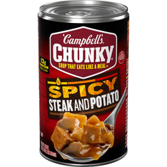 Campbell's Chunky Spicy Steak and Potato can, ready to heat for a hearty meal.