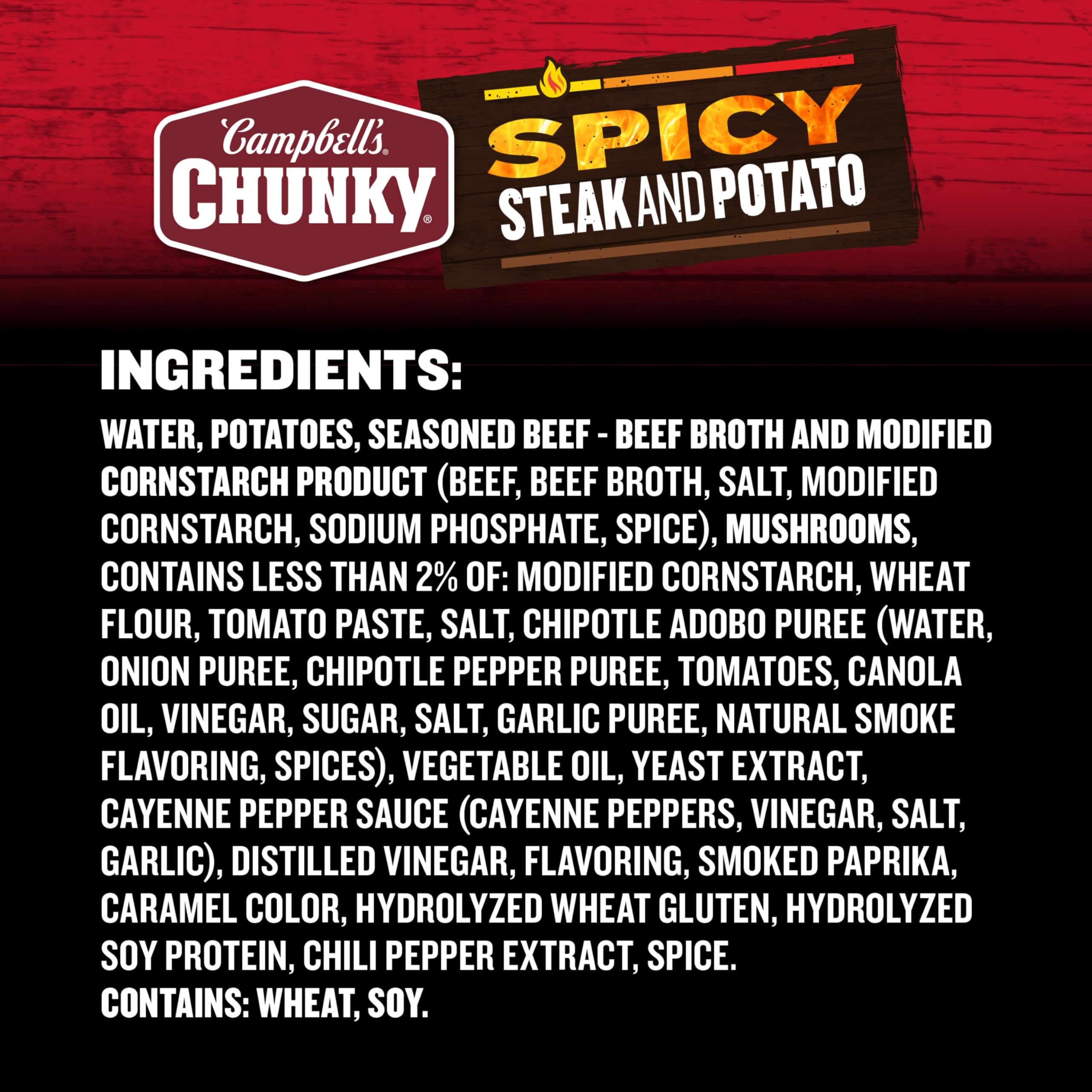 Campbell's Chunky Spicy Steak and Potato ingredients close-up, featuring beef and potatoes for heartiness.