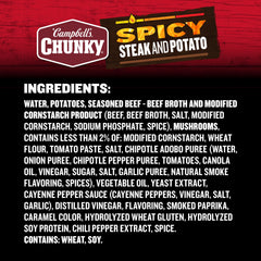Campbell's Chunky Spicy Steak and Potato ingredients close-up, featuring beef and potatoes for heartiness.