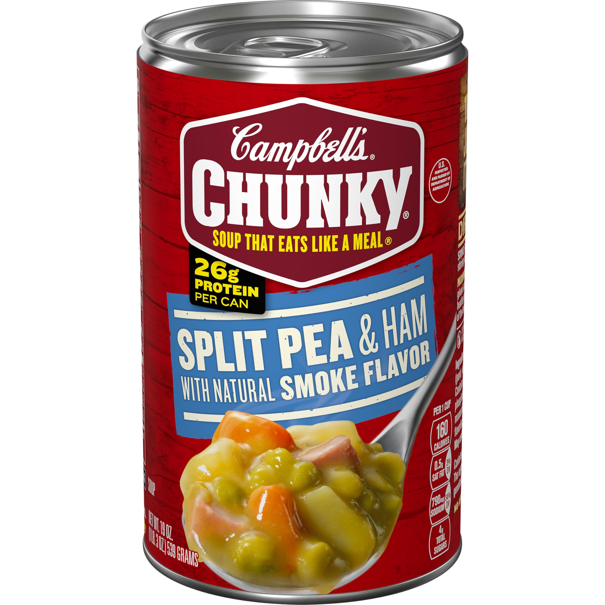 Campbell's Chunky Split Pea Soup with Ham can front shows the product clearly and highlights protein-rich meal option.