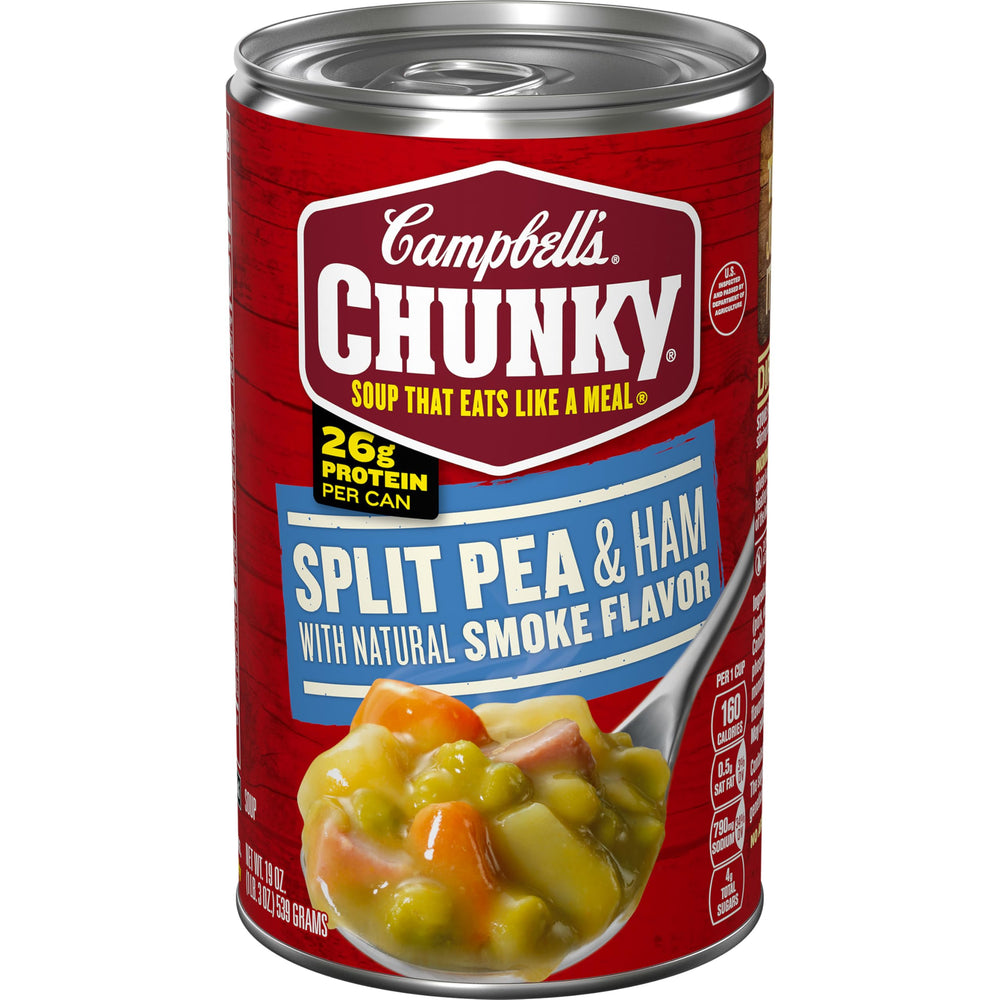 Campbell's Chunky Split Pea Soup with Ham can front shows the product clearly and highlights protein-rich meal option.