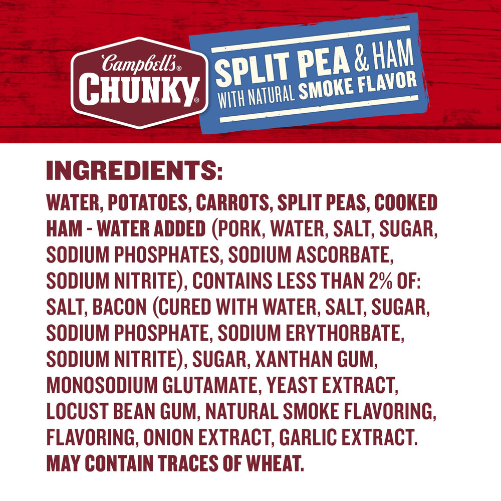 Campbell's Chunky Split Pea Soup with Ham ingredients reveal peas, potatoes, carrots, and ham chunks.