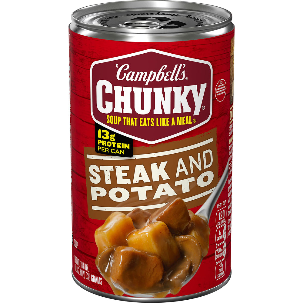Campbell’s Chunky Steak and Potato Soup can front view, protein-packed meal option.