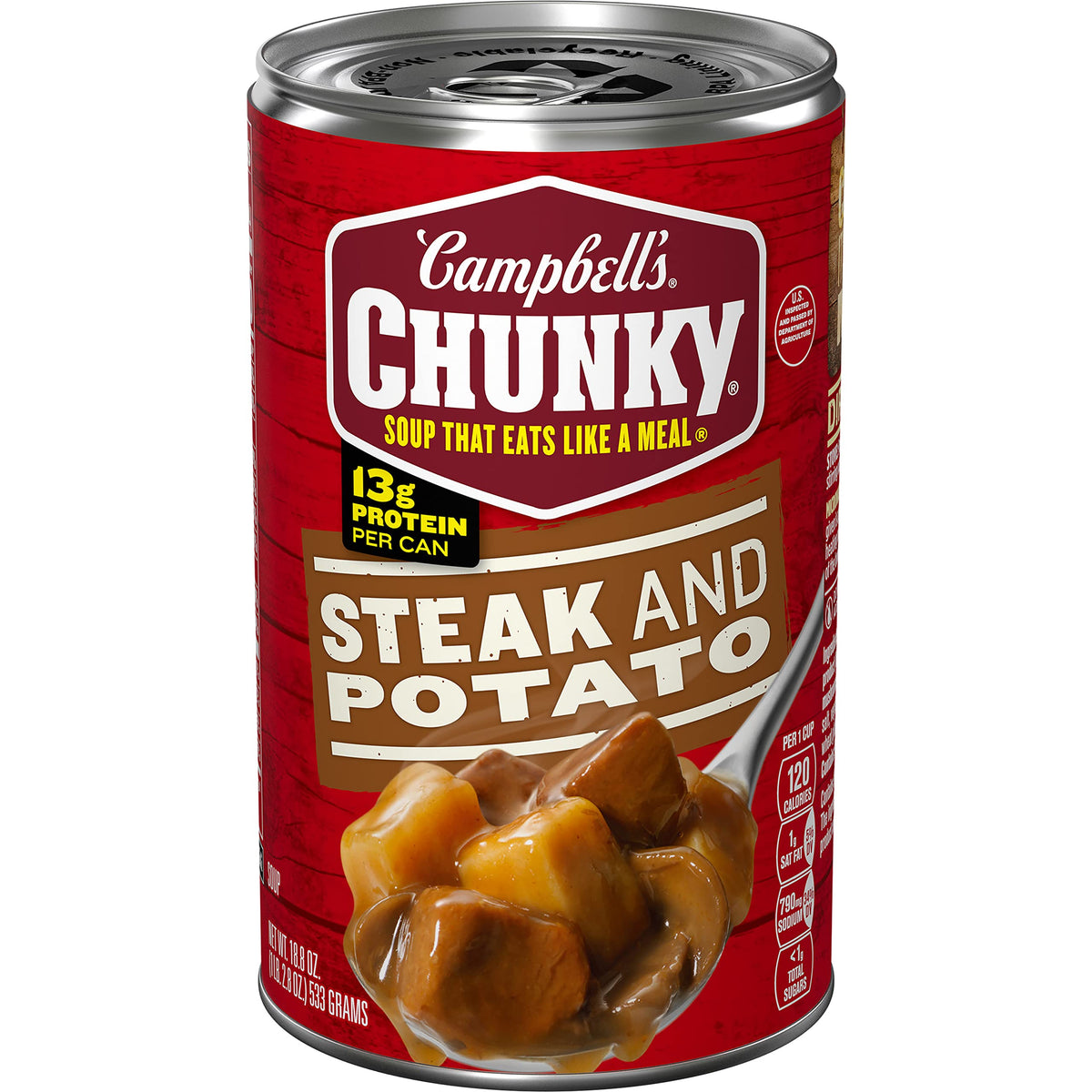Campbell’s Chunky Steak and Potato Soup can front view, protein-packed meal option.