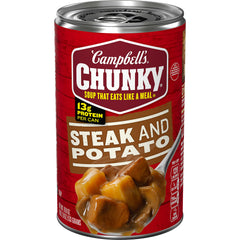 Campbell’s Chunky Steak and Potato Soup can front view, protein-packed meal option.