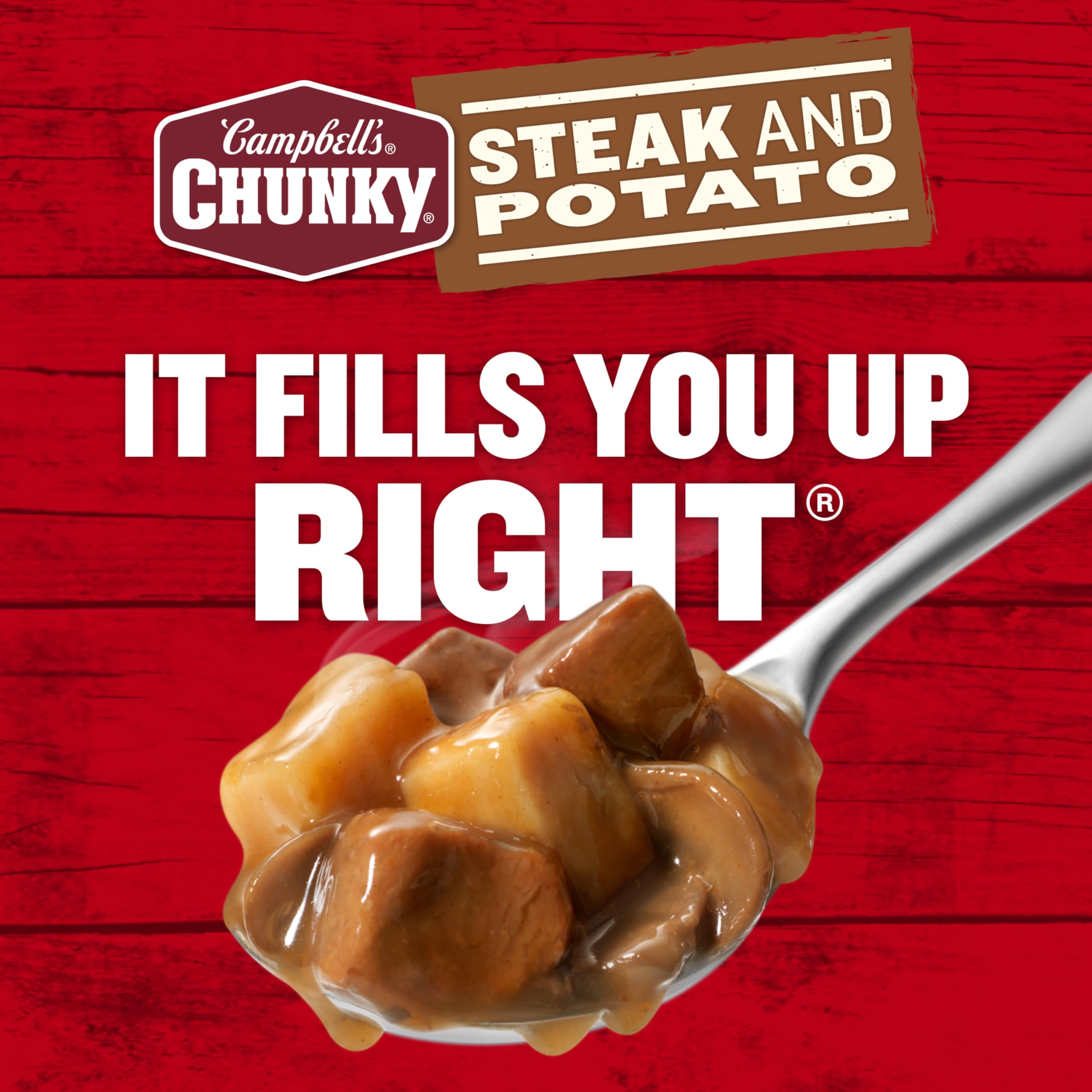 Microwave-ready Campbell’s Chunky Steak and Potato Soup in a safe bowl.
