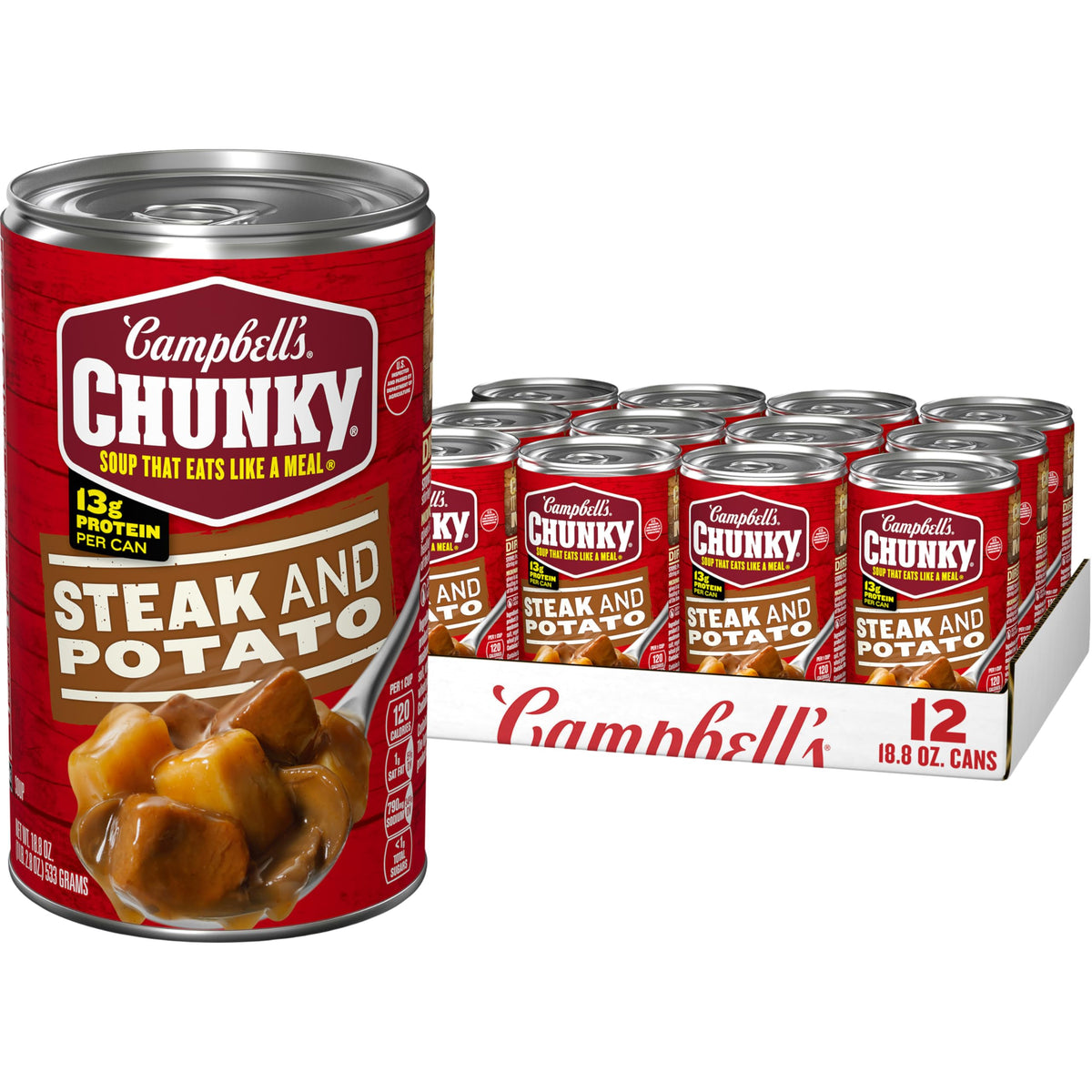 Campbell’s Chunky Steak and Potato Soup can front; hearty meal in minutes.