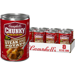 Campbell's Chunky Steak and Potato Soup can front view, highlighting 12g protein per serving.