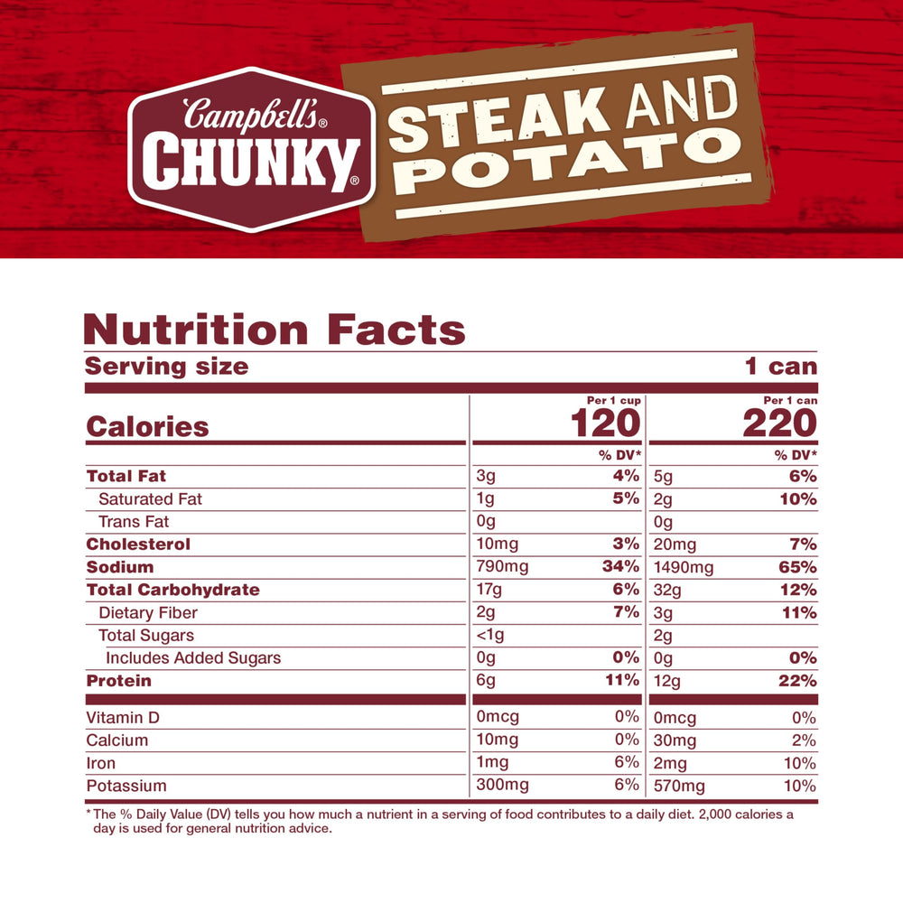 Campbell's Chunky Steak and Potato Soup can on kitchen shelf ready for a quick lunch.