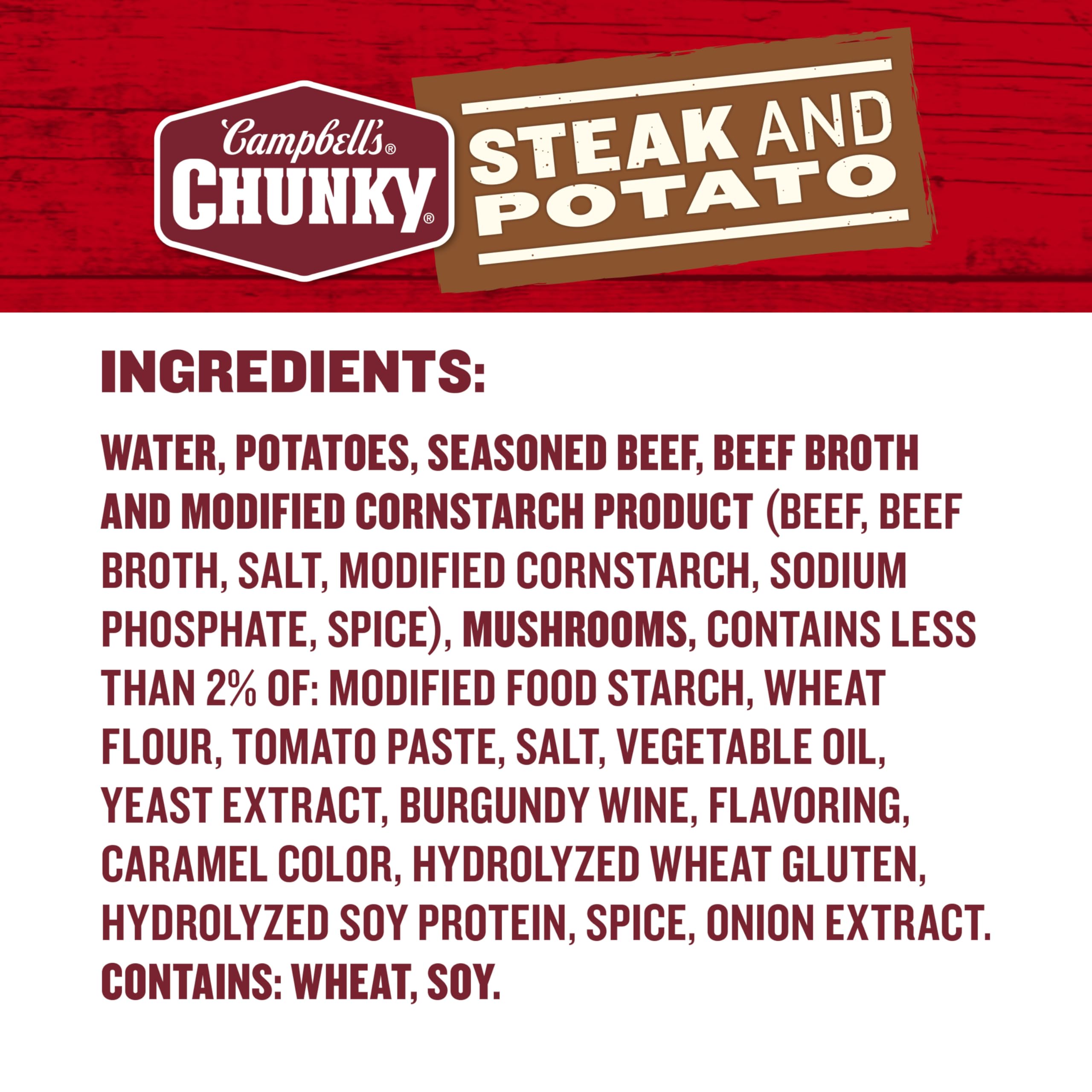 Serving bowl of Campbell's Chunky Steak and Potato Soup showing potatoes and beef pieces.