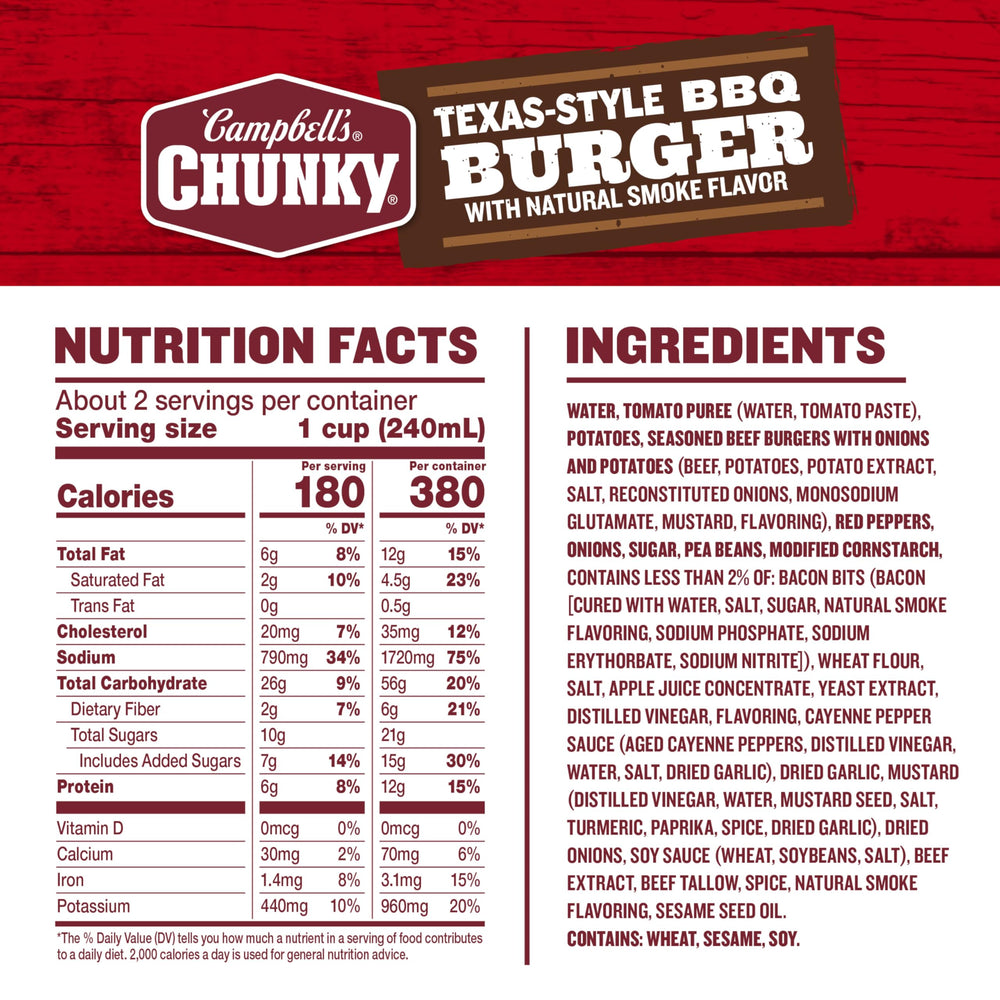 Campbell's Chunky Texas-Style BBQ Burger soup can back, nutrition details visible.