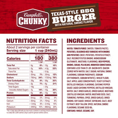 Campbell's Chunky Texas-Style BBQ Burger soup can back, nutrition details visible.