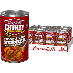 Campbell's Chunky Texas-Style BBQ Burger soup can front, showing hearty texture and bold flavor.