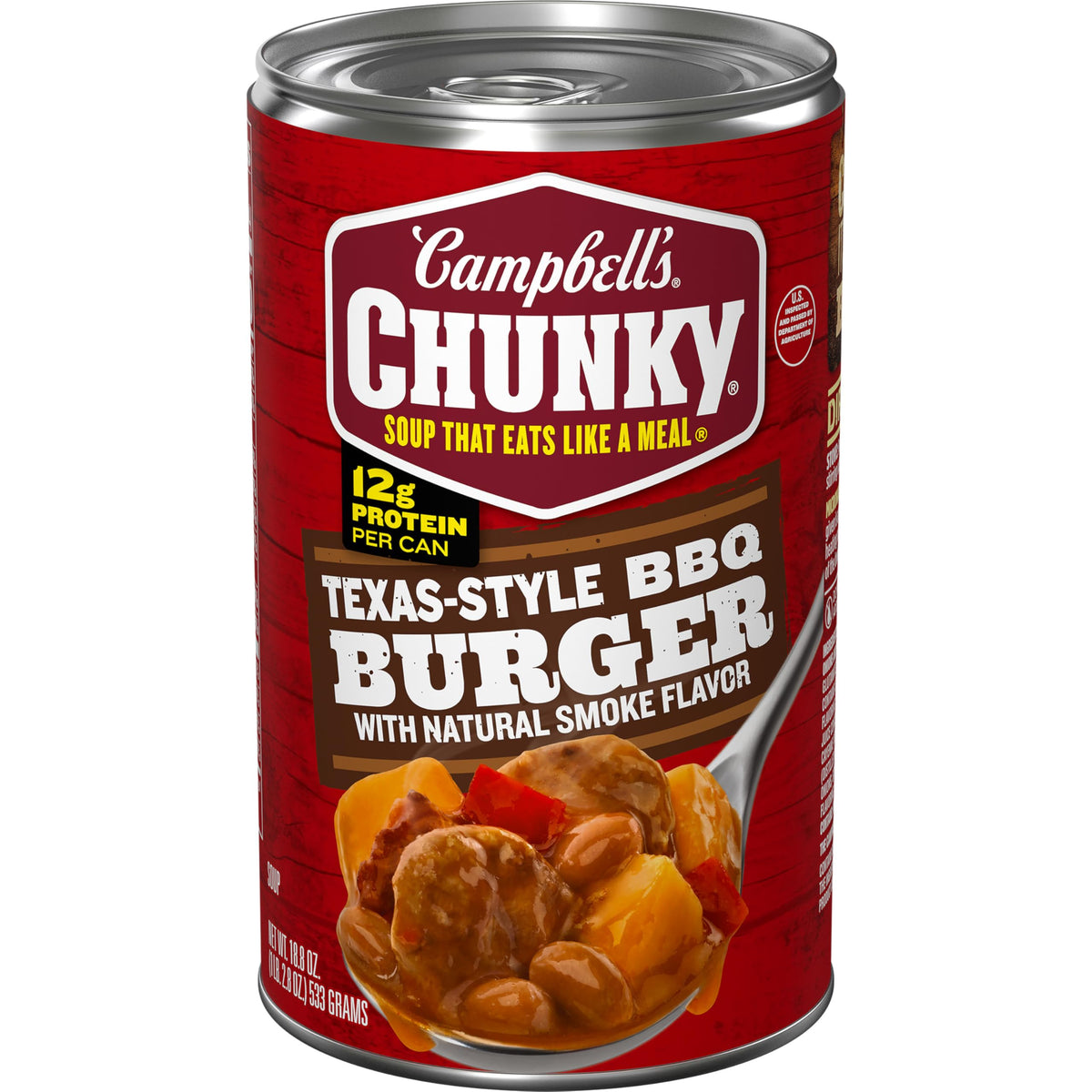 Campbell's Chunky Texas-Style BBQ Burger soup can, a hearty pantry staple.