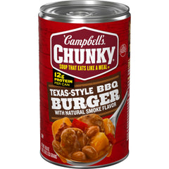 Campbell's Chunky Texas-Style BBQ Burger soup can, a hearty pantry staple.