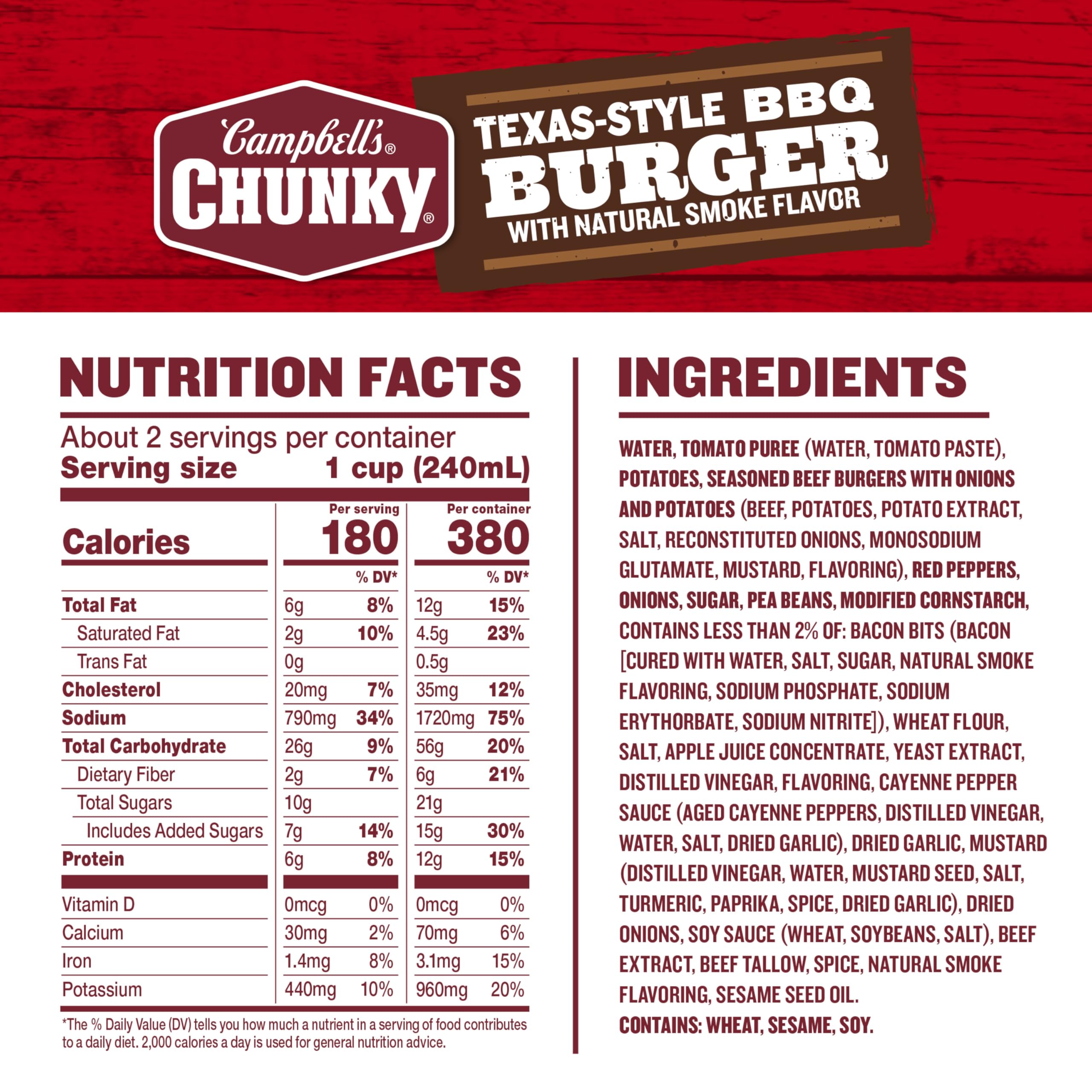 Campbell's Chunky Texas-Style BBQ Burger soup label highlights natural smoke flavor.