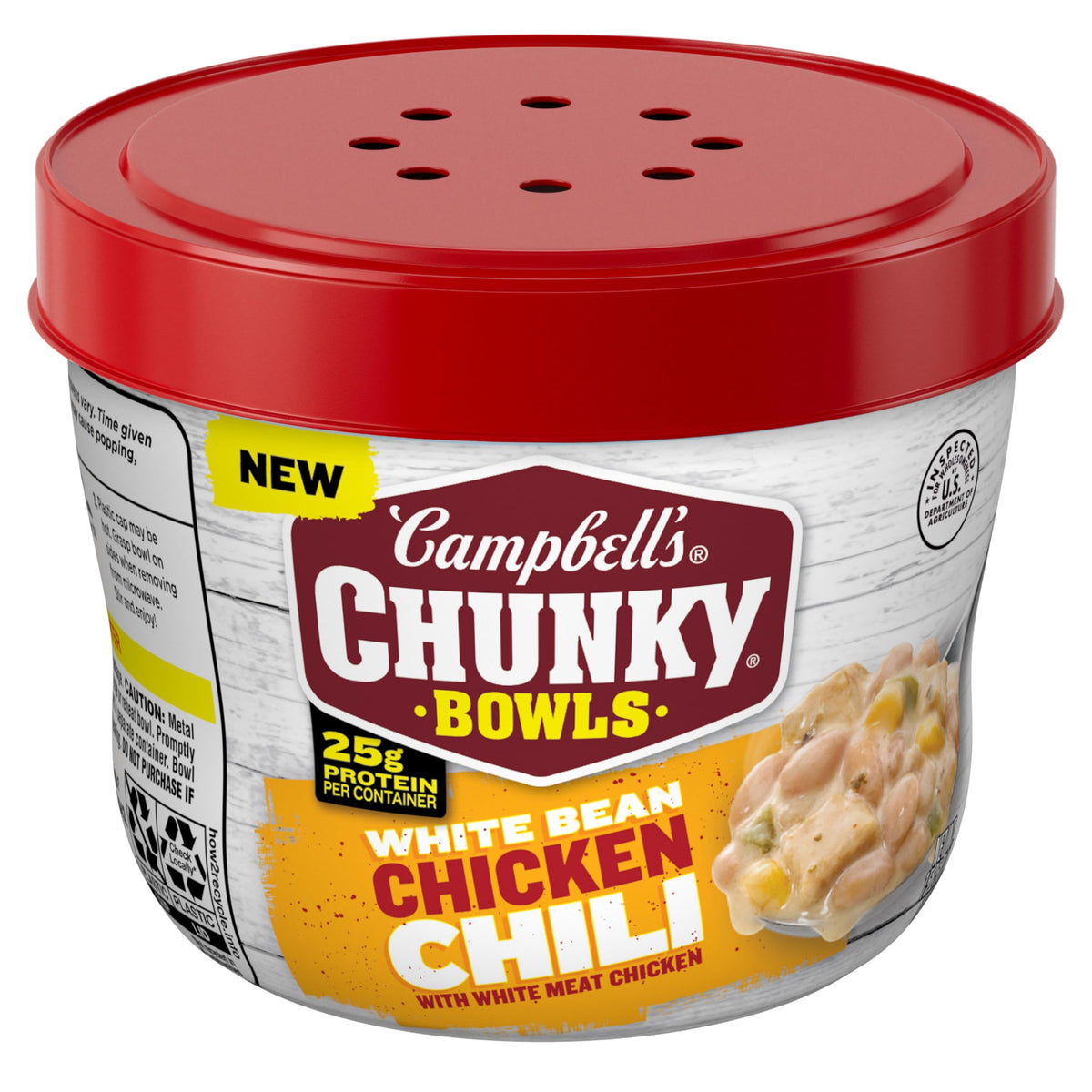 Campbell's Chunky White Bean Chicken Chili in a microwave bowl, quick ready meal
