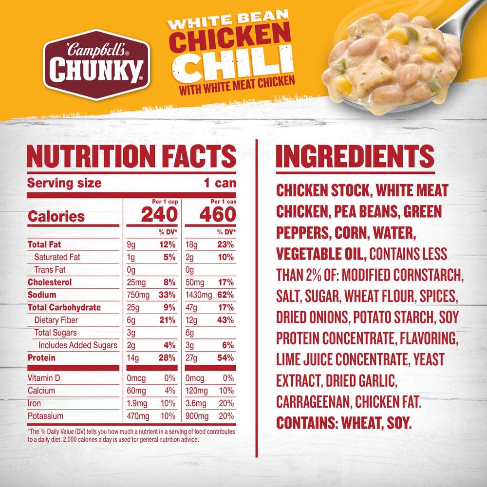 Campbell’s Chunky White Bean Chicken Chili bowl serves a hearty, satisfying option.