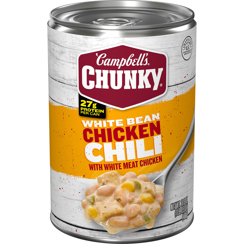 Campbell’s Chunky White Bean Chicken Chili can label shows protein-packed comfort for quick meals.