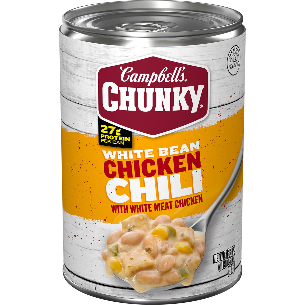 Campbell’s Chunky White Bean Chicken Chili can label shows protein-packed comfort for quick meals.