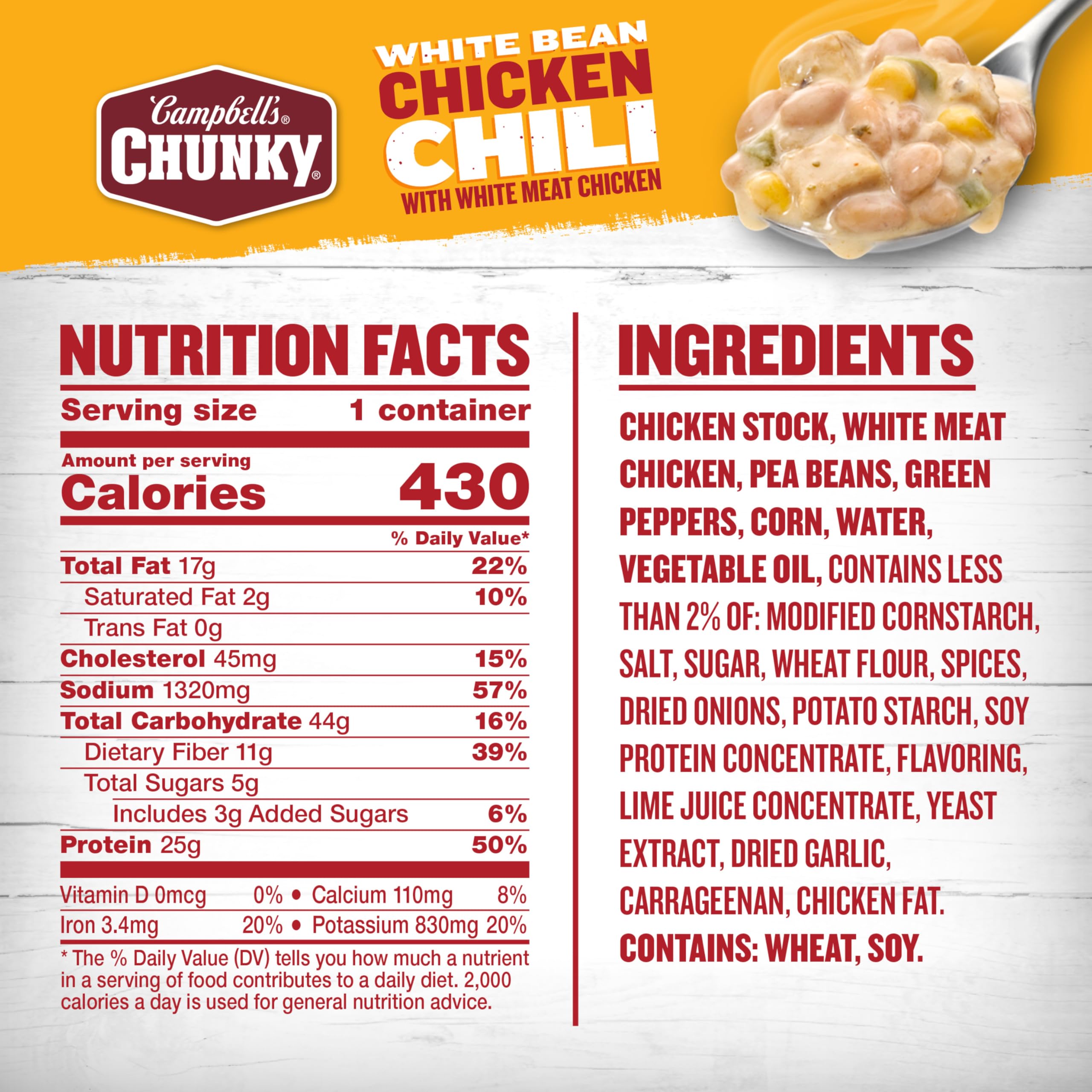 Chunks of white chicken in Campbell's Chunky White Bean Chicken Chili