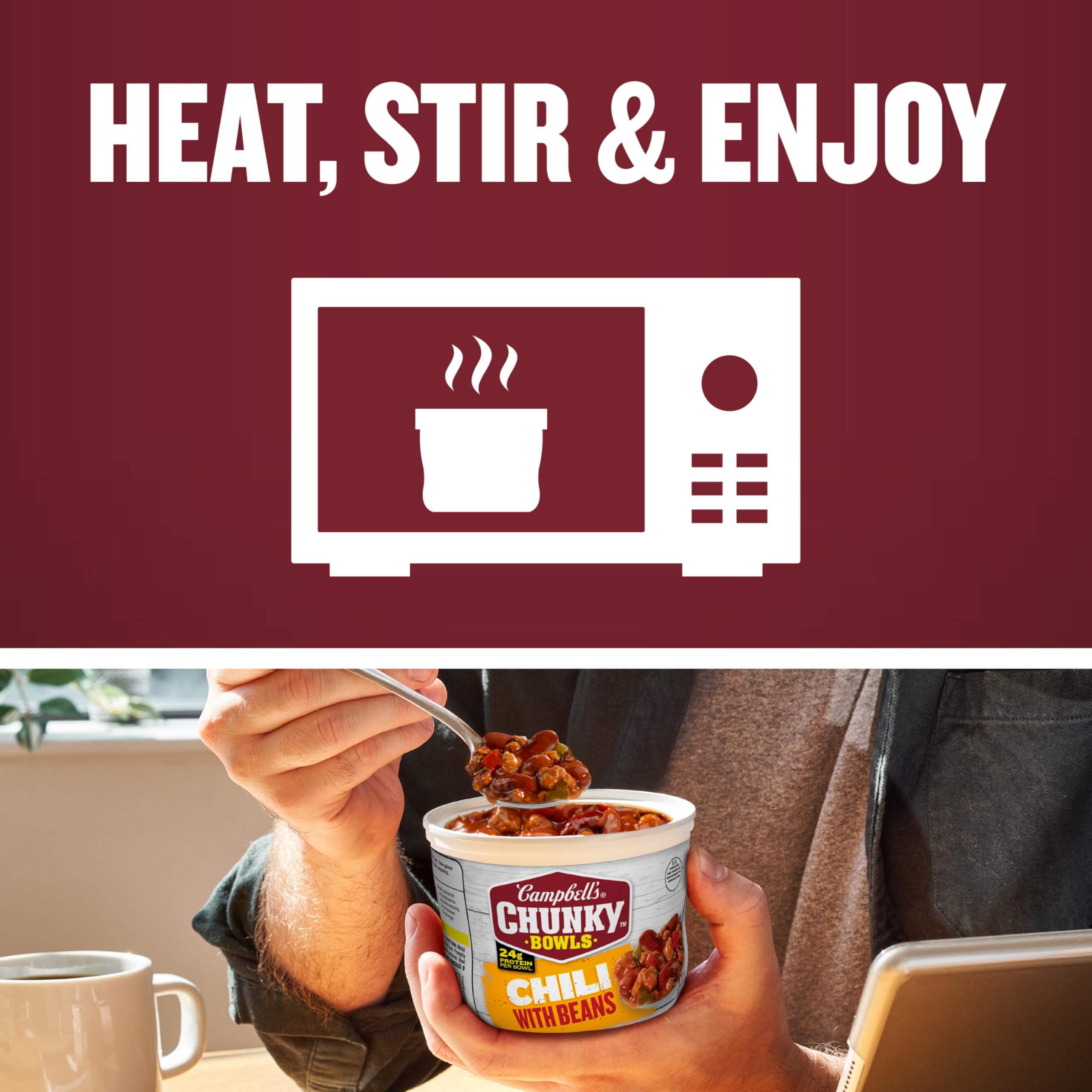 Hot steaming bowl of Campbell's Chunky White Bean Chicken Chili ready to serve